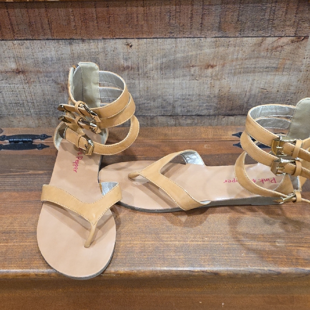 Pink & Pepper Buckled Tan Sandals